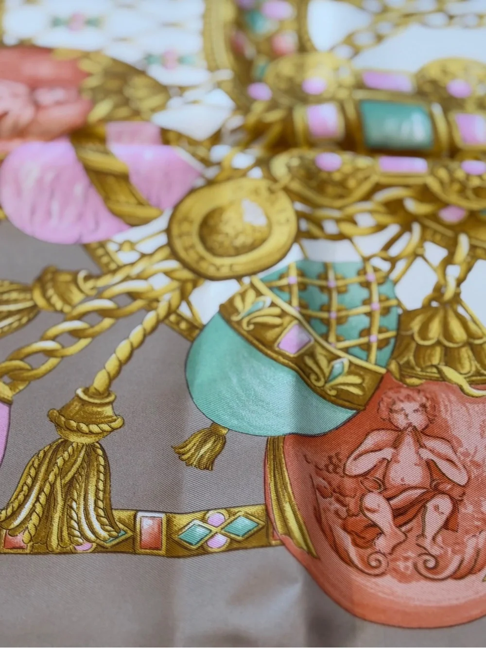 Celine Silk Scarf in Taupe, Pink & Mint with Gold Motif